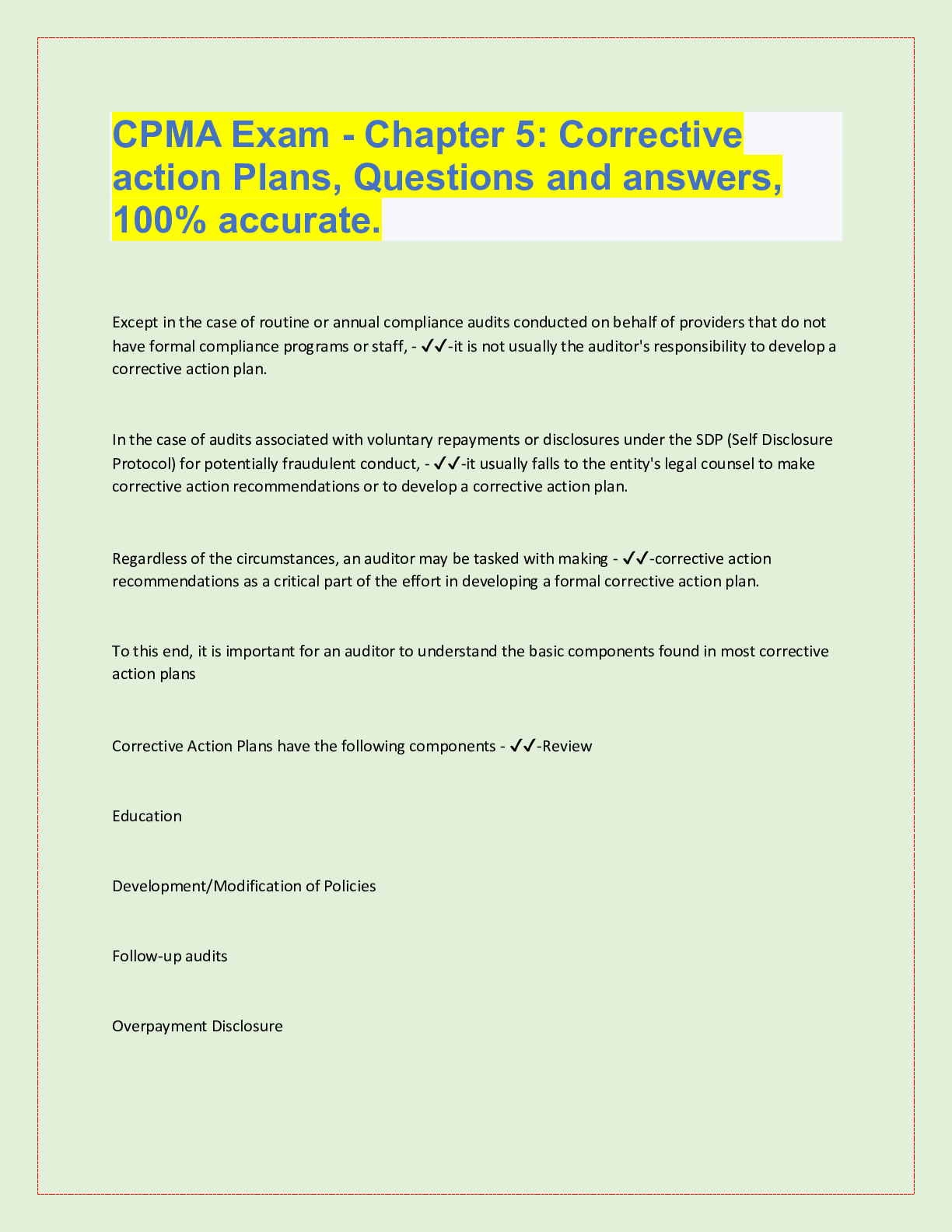 Preview image for CPMA Exam - Chapter 5: Corrective  action Plans, Questions and answers,  100% accurate.